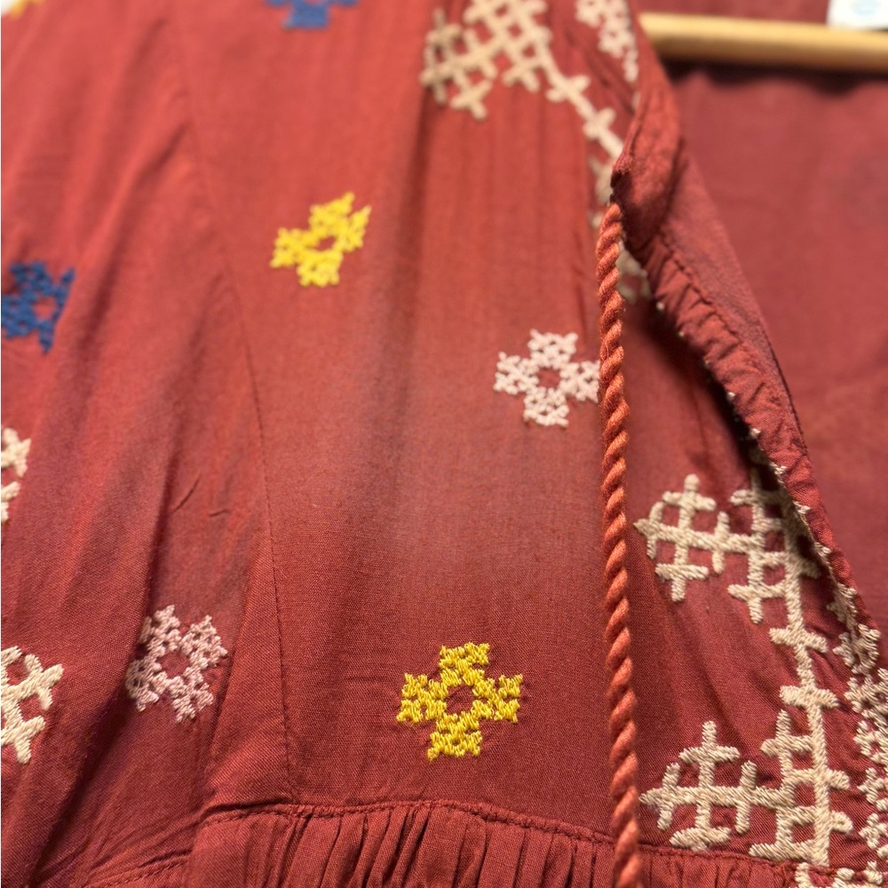 Sundance Embroidered Boho Mini Dress Rust Brown Petite Small PS - Picture 3 of 8